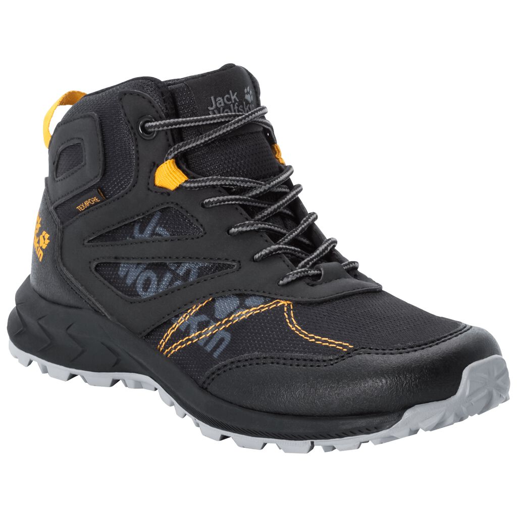 Jack Wolfskin WOODLAND TEXAPORE MID Gyerek Túracipő Fekete/Sárga - KIZGWF-539